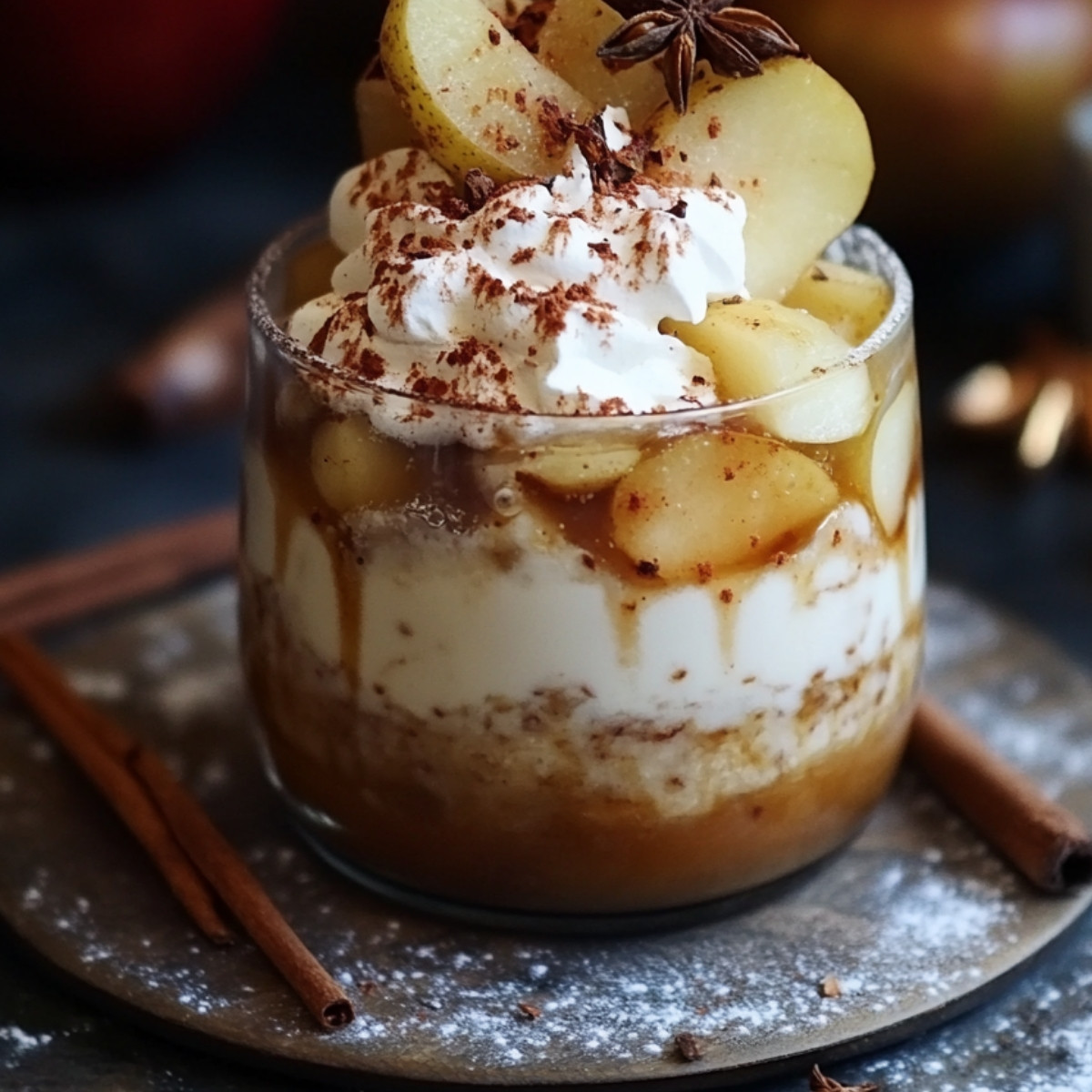 Découvrez la Verrine Magique de l'Automne : pommes caramélisées et crème nuageuse, le tout dans une délicieuse tasse de bonheur ! 🌟🍏