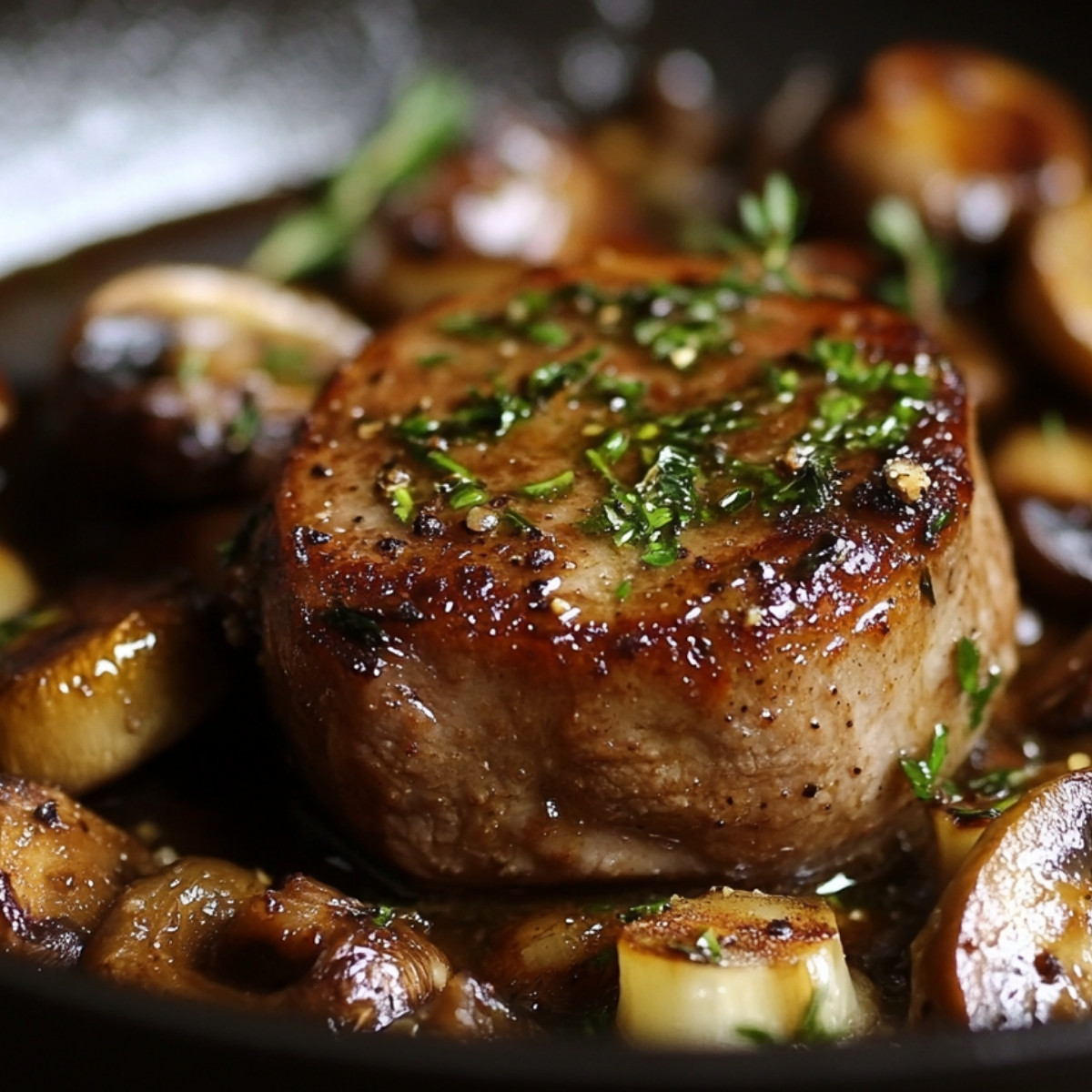 Filet Mignon de Porc au Cidre avec Châtaignes et Champignons Persillés