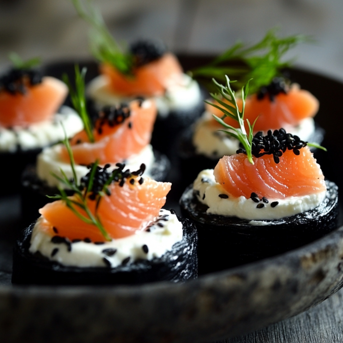 Petits Bateaux de Radis Noir Marinés, Ricotta et Saumon Fumé