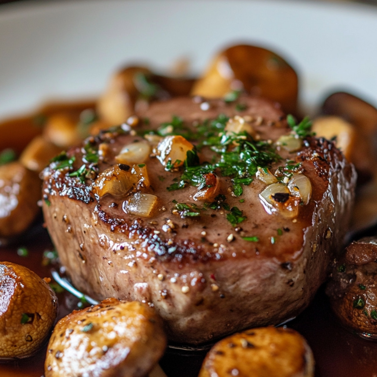 Filet Mignon de Porc au Cidre avec Châtaignes et Champignons Persillés