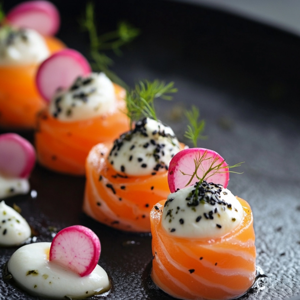 Petits Bateaux de Radis Noir Marinés, Ricotta et Saumon Fumé